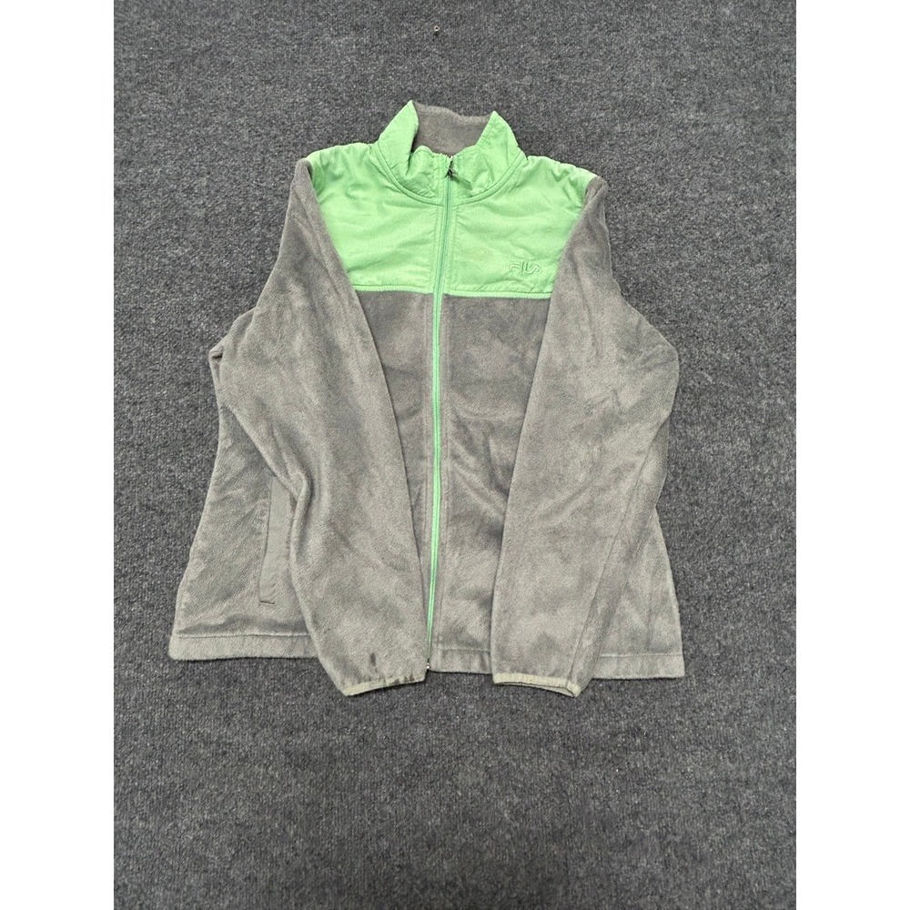 Fila Fleece Jacket Womens Size L Gray Lime Green Full Zip Sportswear Soft Coat